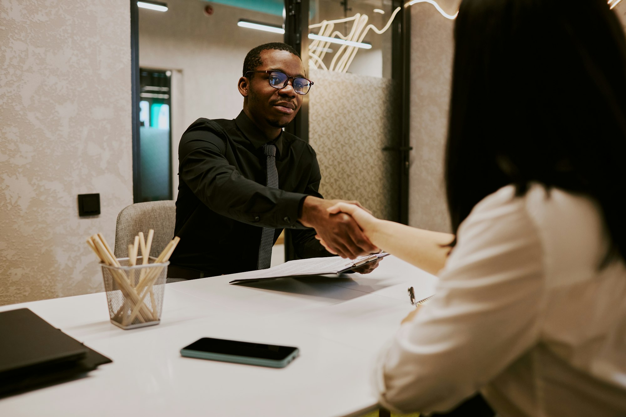 Black Applicant For Job And HR Manager Doing Handshake