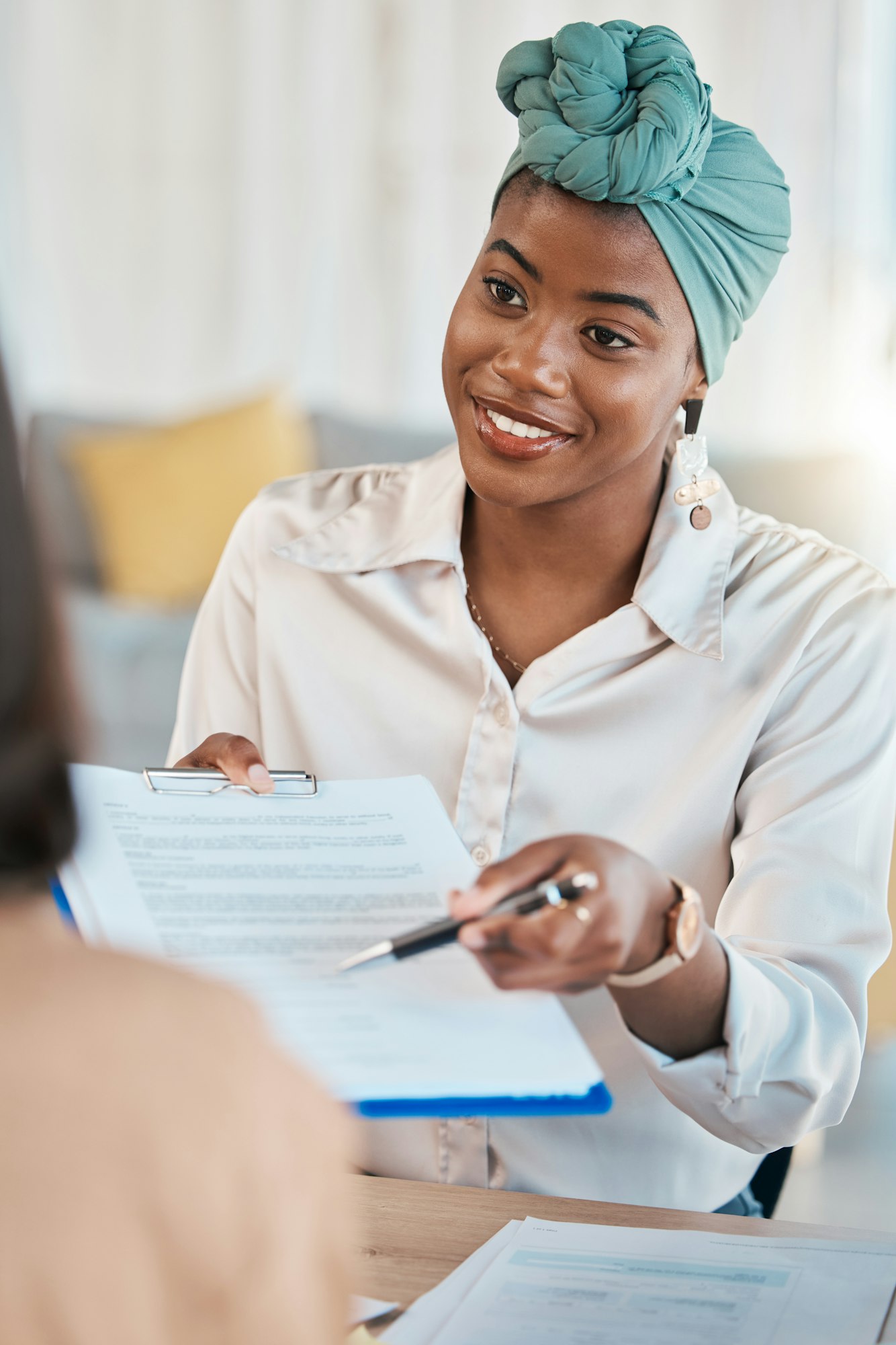 Business people, signature and contract in meeting or interview at office with HR black woman. Afri